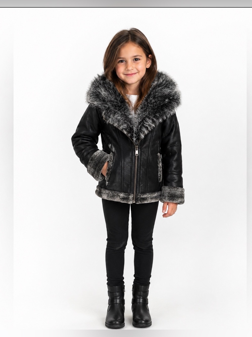 JORDAN CRAIG Faux Fur Coat
Kid’sSize 6
Black & Gray
Detachable Hood-Zip Closure